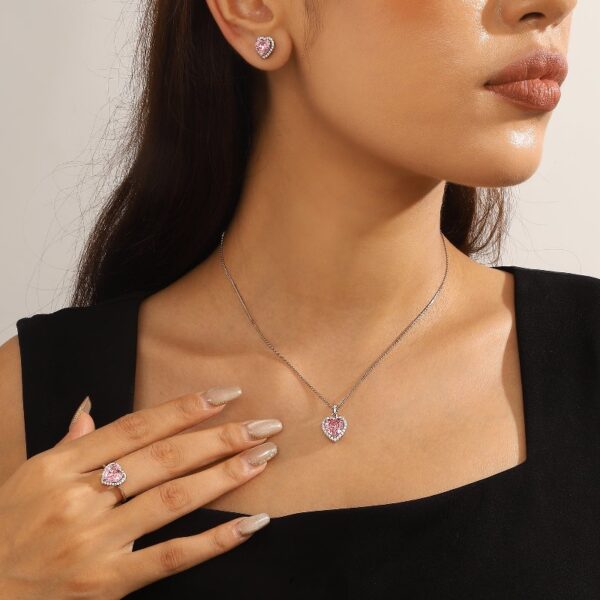Women Heart Jewelry Set Necklace Earrings Ring 925 Sterling Silver February Birthstone Amethyst Wife Mother Birthday Valentine's Day Gift
