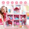 DollHouse with Colorful Light, Pretend Play Toddler Doll House Furniture Sets with 3 Dolls, 9 Rooms DIY , Creative Gift for Girls