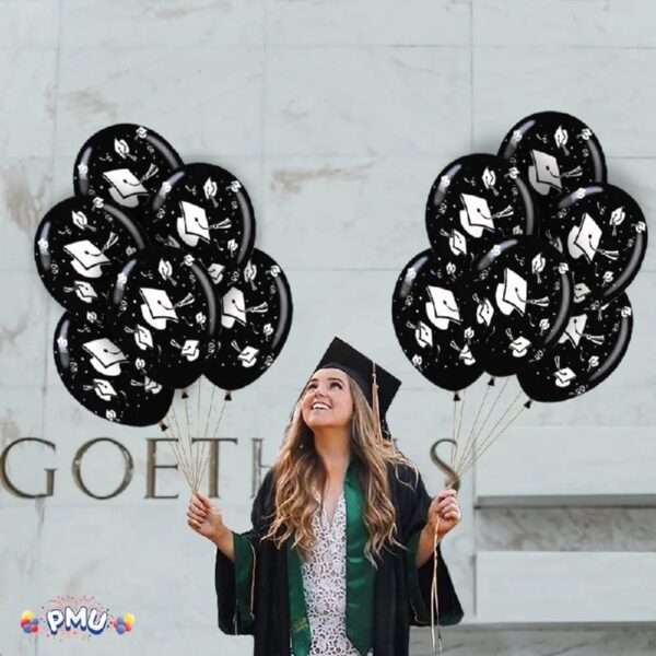 PMU Graduation Balloons 11 Inch PartyTex Premium Emerald Green with All-Over Print White Grad Caps-Confetti and Streamers Pkg/100