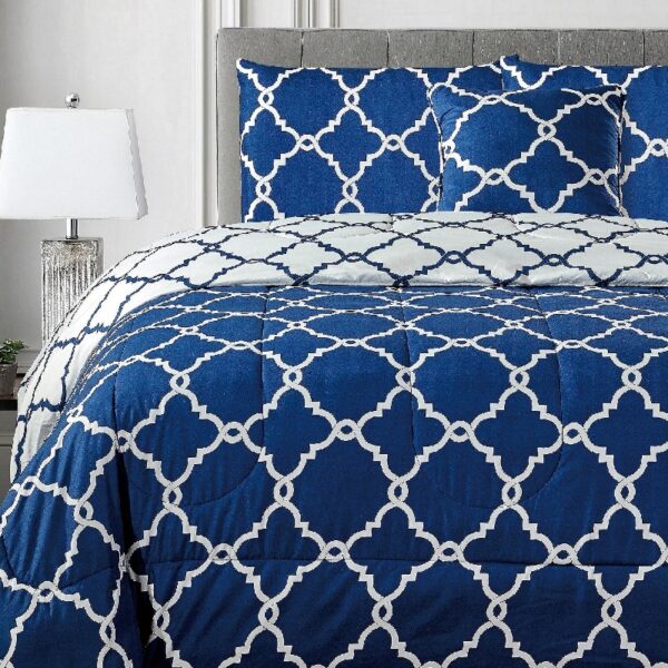 Lux Decor Collection 5 Piece Queen Down Alternative Comforter Set, Washable Duvet Bedding Set - Quatrefoil Navy