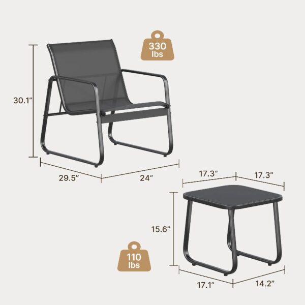 3 Pieces Patio Chairs Set with Glass-Top Coffee Table, Outdoor Bistro and Patio Furniture Set for Porch|Backyard|Balcony, Black