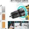 21V Cordless Drill Set, Electric Power Drill 34Pcs with 3/8 Inch Keyless Chuck, 25+3 Clutch Compact Driver Drill with Work Light, Max torque 45Nm, 2-Variable Speed & Battery and Fast Charger