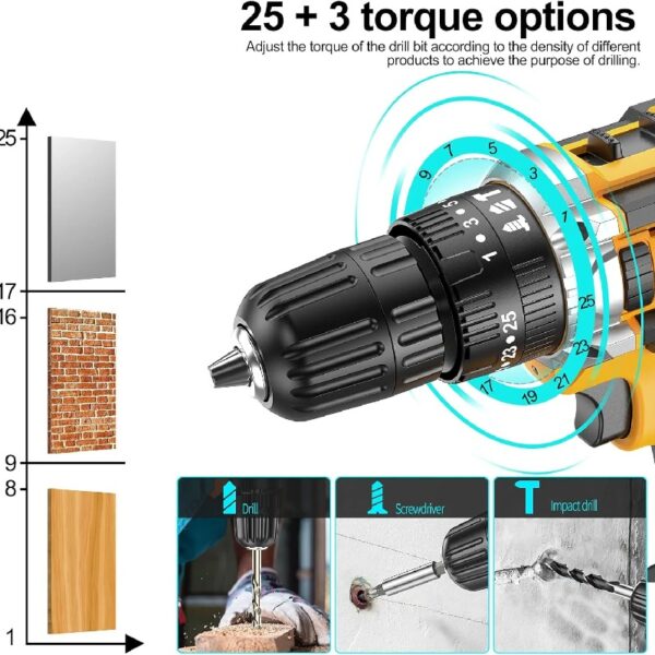 21V Cordless Drill Set, Electric Power Drill 34Pcs with 3/8 Inch Keyless Chuck, 25+3 Clutch Compact Driver Drill with Work Light, Max torque 45Nm, 2-Variable Speed & Battery and Fast Charger