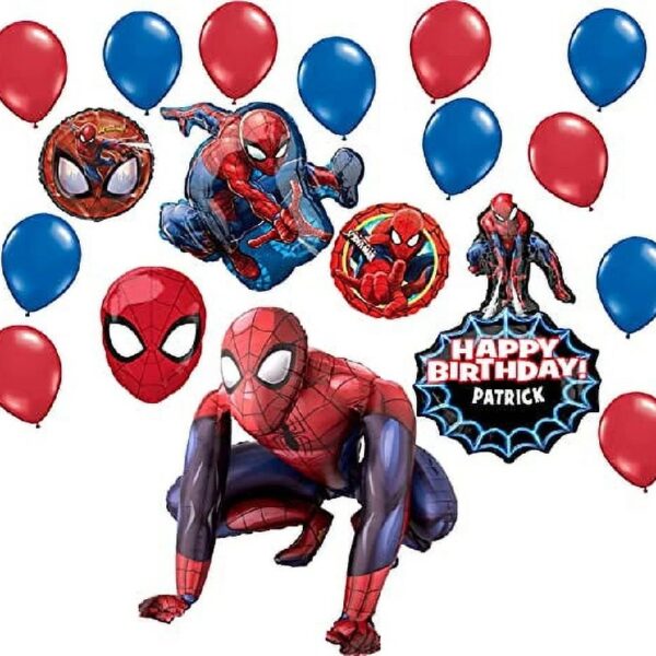 Spider-Man Party Supplies Personalized Birthday 18 pc Balloon Bouquet Decorations with Life Size Spider Man Airwalker