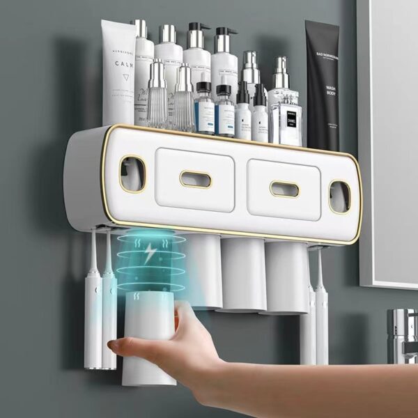 Magnetic Adsorption Inverted Toothbrush Holder Wall-Mounted Bathroom Storage Shelf Toothpaste Dispenser Bathroom Accessories (Green 2Cups)
