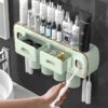 Magnetic Adsorption Inverted Toothbrush Holder Wall-Mounted Bathroom Storage Shelf Toothpaste Dispenser Bathroom Accessories (Green 2Cups)