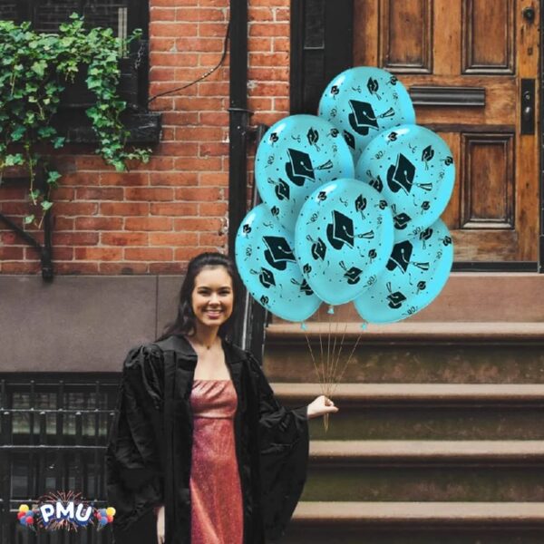PMU Graduation Balloons 11 Inch PartyTex Premium Emerald Green with All-Over Print White Grad Caps-Confetti and Streamers Pkg/100