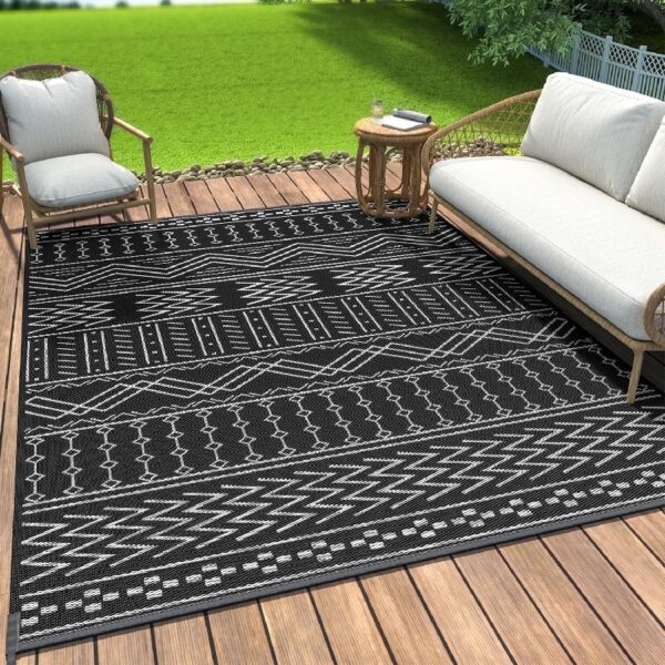 Outdoor Rug 6'x9' Waterproof Patio Rug Reversible Indoor Outdoor Rug Lightweight Plastic Straw Rug for RV Camping Deck Balcony Boho Porch Decor Dark Grey and White