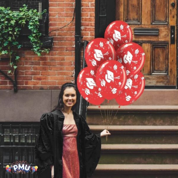PMU Graduation Balloons 11 Inch PartyTex Premium Emerald Green with All-Over Print White Grad Caps-Confetti and Streamers Pkg/100