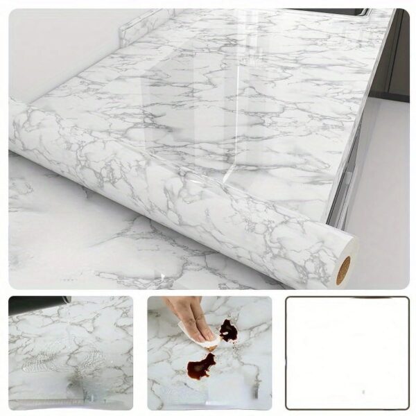 1 Roll Kitchen Waterproof And Oil Resistant Wall Stickers, Grey Marble Pattern Thickened Heat-Resistant Stickers For Range Hood Renovation, Cuttable DIY Wallpaper For Kitchen Cabinet Stove Countertop