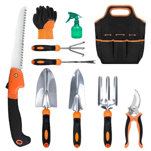 Garden Tool Set, Stainless Steel Heavy Duty Gardening Tool Set, with Non-Slip Rubber Grip, Storage Tote Bag, Outdoor Hand Tools, Ideal Garden Tool Kit Gifts