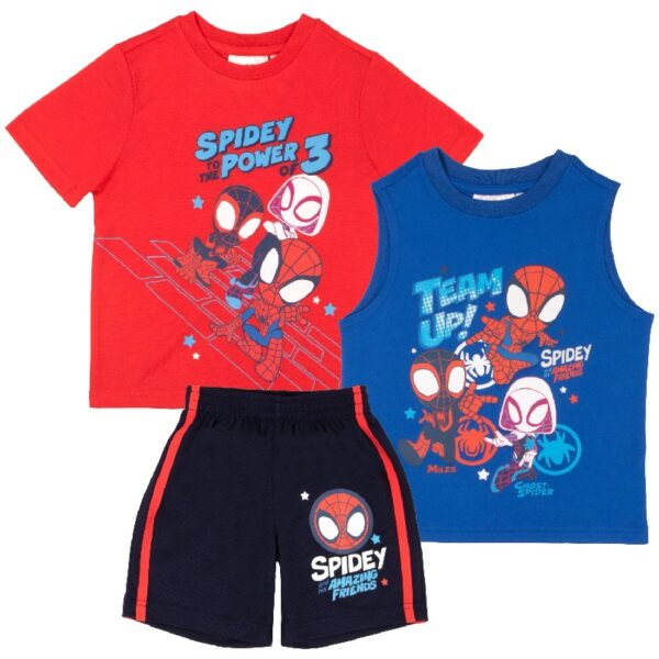 Marvel Spidey and His Amazing Friends 3 Piece Boys Short Set  Short Sleeve Shirt Tank Top and Shorts Set 3 Pack Bundle Set Kids Toddlers  Boys Clothes (Size 3T-8)