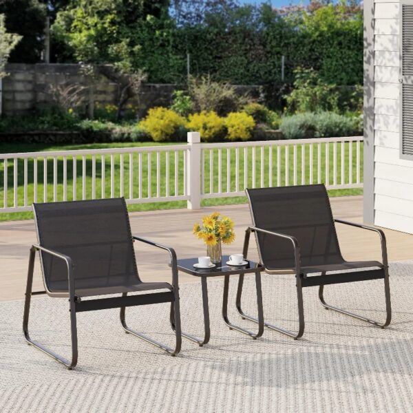 3-Piece Outdoor Bistro Set, Black Metal Frame Glass Top Table and 2 Chairs for Patio, Balcony, Deck - Black