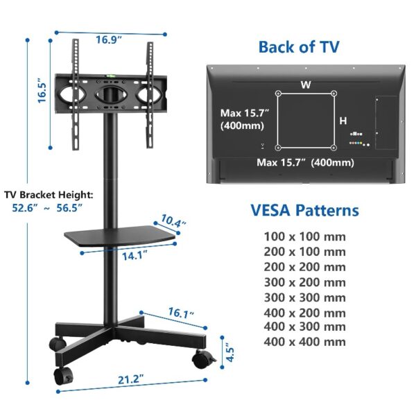 Modern Rolling TV Stand Mobile TV Cart for 32 to 65 inch Flat Panel TVs, Black