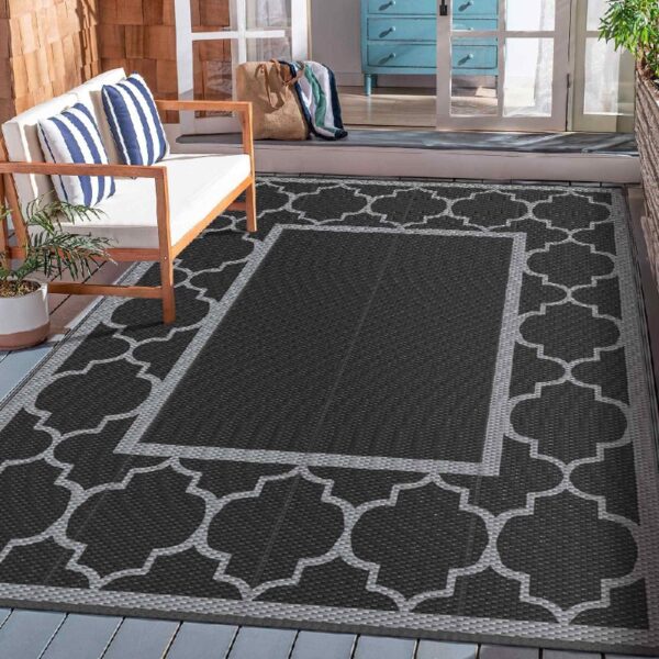 Outdoor Rugs Waterproof Plastic Straw Mat 6'x9' Reversible Patio Deck Beach Blue & White
