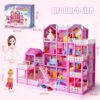 DollHouse with Colorful Light, Pretend Play Toddler Doll House Furniture Sets with 3 Dolls, 9 Rooms DIY , Creative Gift for Girls