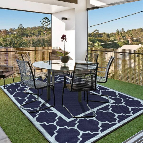 Outdoor Rugs Waterproof Plastic Straw Mat 6'x9' Reversible Patio Deck Beach Blue & White