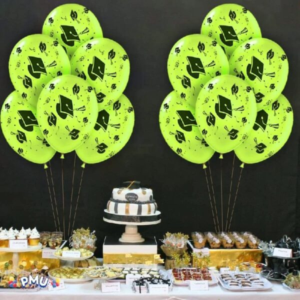 PMU Graduation Balloons 11 Inch PartyTex Premium Emerald Green with All-Over Print White Grad Caps-Confetti and Streamers Pkg/100