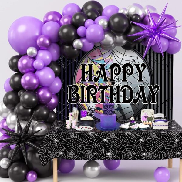 Winrayk Purple and Black Birthday Party KKS1 Decorations Supplies Kids with Balloon Garland Arch Kit Birthday Backdrop Spider Web Tablecloth Star Balloon Halloween Black Purple Party Decorations