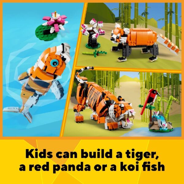 Creator 3 in 1 Majestic Tiger Building Set, Transforms from Tiger to Panda or Koi Fish Set, Animal Figures, Collectible Building Toy, Gifts for Kids, Boys & Girls 9 Plus Years Old, 31129