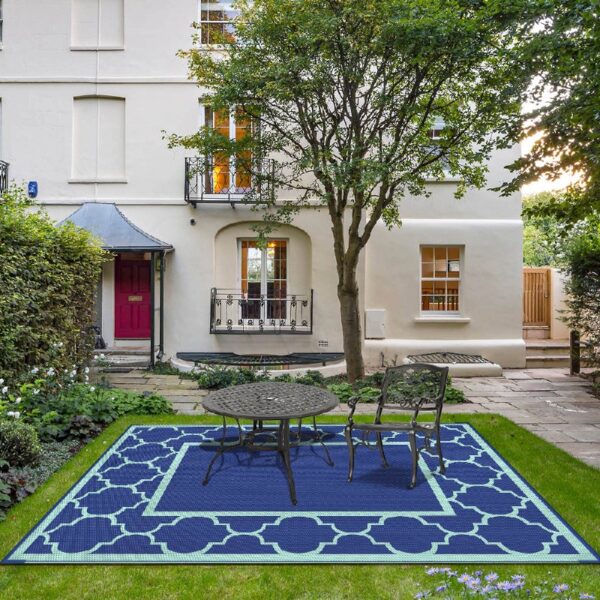 Outdoor Rugs Waterproof Plastic Straw Mat 6'x9' Reversible Patio Deck Beach Blue & White