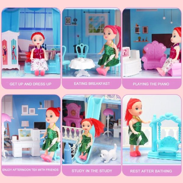 DollHouse with Colorful Light, Pretend Play Toddler Doll House Furniture Sets with 3 Dolls, 9 Rooms DIY , Creative Gift for Girls