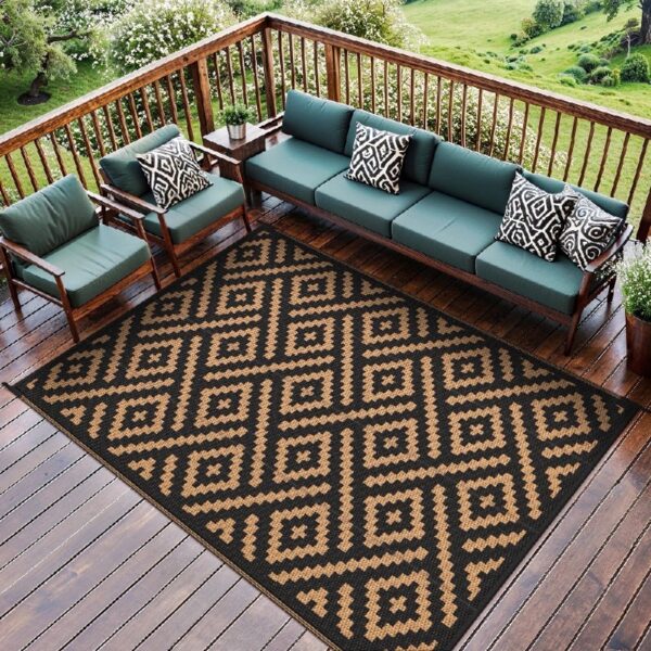 6'x9' Outdoor Rugs Patio Waterproof Outside Mat Reversible Plastic Camping Carpet,Black & Grey
