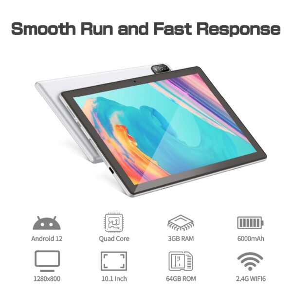 Android 14 Tablet 10.1 inch with Case, 3GB, 64GB, IPS Touch Screen, Quad-Core,1280x800 | Wi-Fi6 | 6000mAh | Google Certified(White)