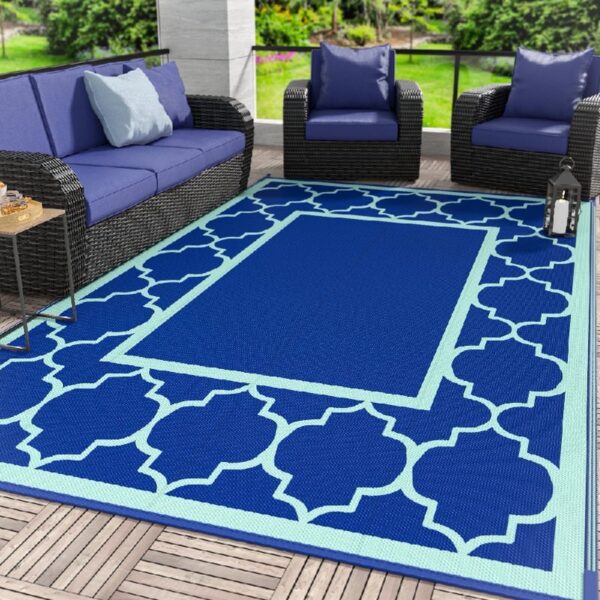 Outdoor Rugs Waterproof Plastic Straw Mat 6'x9' Reversible Patio Deck Beach Blue & White