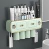 Magnetic Adsorption Inverted Toothbrush Holder Wall-Mounted Bathroom Storage Shelf Toothpaste Dispenser Bathroom Accessories (Green 2Cups)
