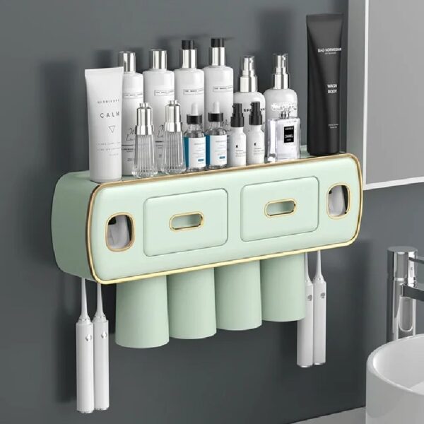 Magnetic Adsorption Inverted Toothbrush Holder Wall-Mounted Bathroom Storage Shelf Toothpaste Dispenser Bathroom Accessories (Green 2Cups)