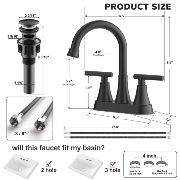 Bathroom Faucets 4 Inch Matte Black Bathroom Sink Faucet, Stainless Steel Lead-Free 2-Handle Centerset Faucet with Pop-up Drain and 2 Supply Hoses Fits 2 or 3-hole Sink
