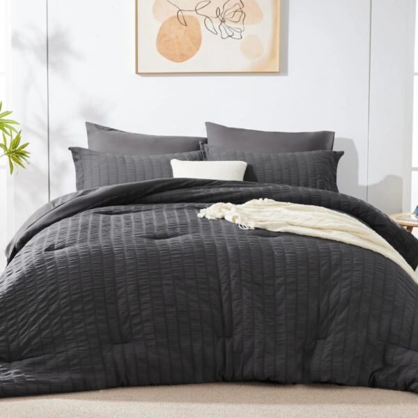Queen Seersucker Comforter Set with Sheets Dark Grey Bed in a Bag 7-Pieces All Season Bedding Sets with Comforter, Pillow Sham, Flat Sheet, Fitted Sheet, Pillowcase