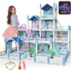 DollHouse with Colorful Light, Pretend Play Toddler Doll House Furniture Sets with 3 Dolls, 9 Rooms DIY , Creative Gift for Girls