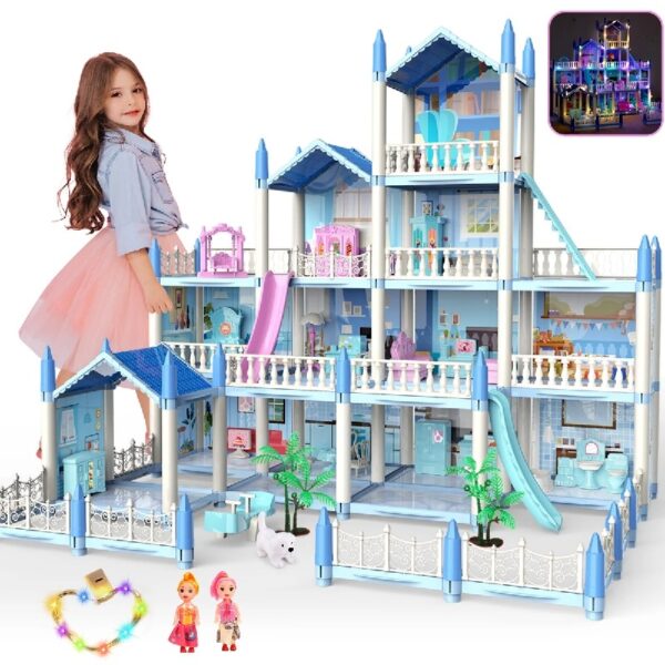 DollHouse with Colorful Light, Pretend Play Toddler Doll House Furniture Sets with 3 Dolls, 9 Rooms DIY , Creative Gift for Girls