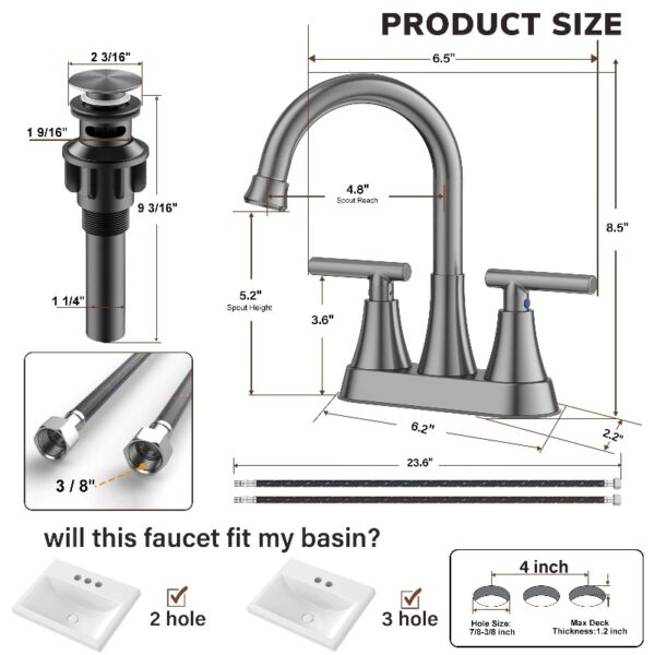 Bathroom Faucets 4 Inch Matte Black Bathroom Sink Faucet, Stainless Steel Lead-Free 2-Handle Centerset Faucet with Pop-up Drain and 2 Supply Hoses Fits 2 or 3-hole Sink