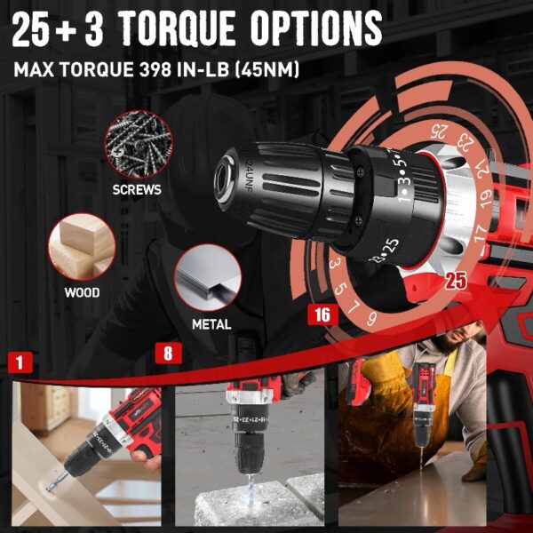 21V Cordless Power Drill Set, Power Drill Driver Kit with Lithium-Ion Battery and Charger, 3/8-Inch Keyless Chuck, 2 Variable Speed, 25+3 Position and 31pcs Drill/Driver Bits, Red