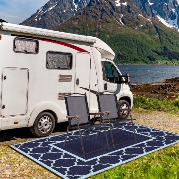 Outdoor Rugs Waterproof Plastic Straw Mat 6'x9' Reversible Patio Deck Beach Blue & White