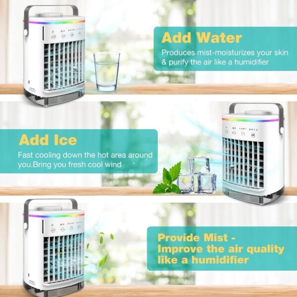 Mini Portable Air Conditioner, Evaporative Air Cooler,Personal Air Cooling Fan and Humidifier with 4 Speeds 7 Colors for Room & Office Desk Outdoors Travel, White