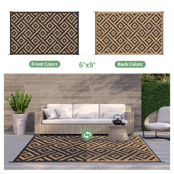 Outdoor Rugs Waterproof Plastic Straw Mat 6'x9' Reversible for RV Patio Deck Beach Black & Brown