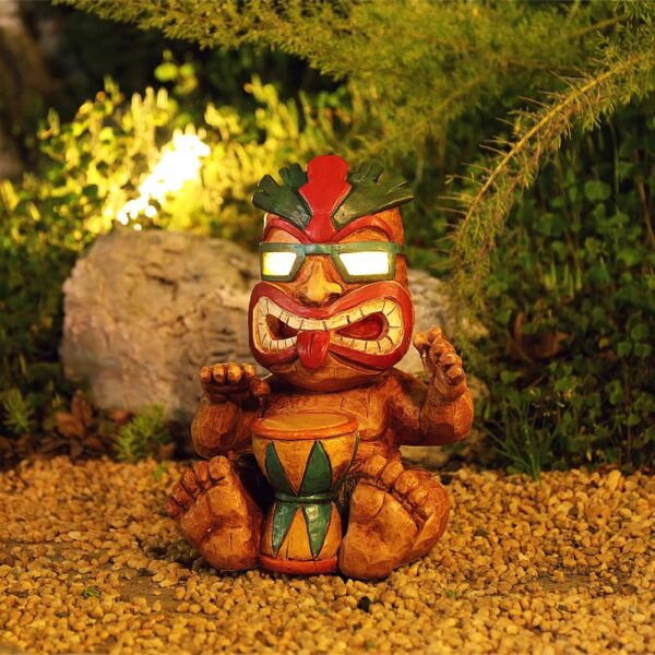Solar Drumming Tiki Garden Statue: Tribal Tiki Ornament with Solar Powered Flickering Eyes LED Light - Outdoor Tiki Decoration Perfect for Bar Patio Backyard Balcony Yard Lawn Decor