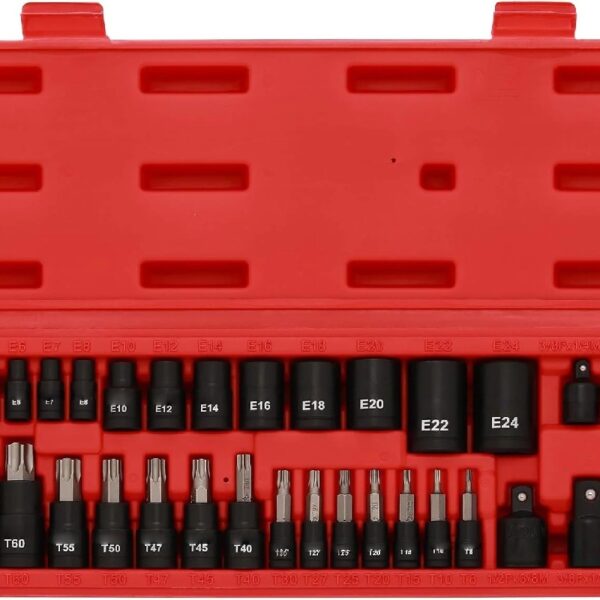 32-Piece Torx Bit Socket and Female External Socket Set, 14 Star Bits (T8- T70) and 13 Female E-Torx Sockets (E4-E24), Include 5 Impact Socket Adapter