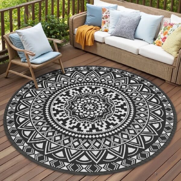 Outdoor Rugs 5' x 8' Rug, Waterproof Patio Mat, Stylish Plastic Straw Reversible Area Rug for Picnic RV Camping Porch Balcony, Black and White