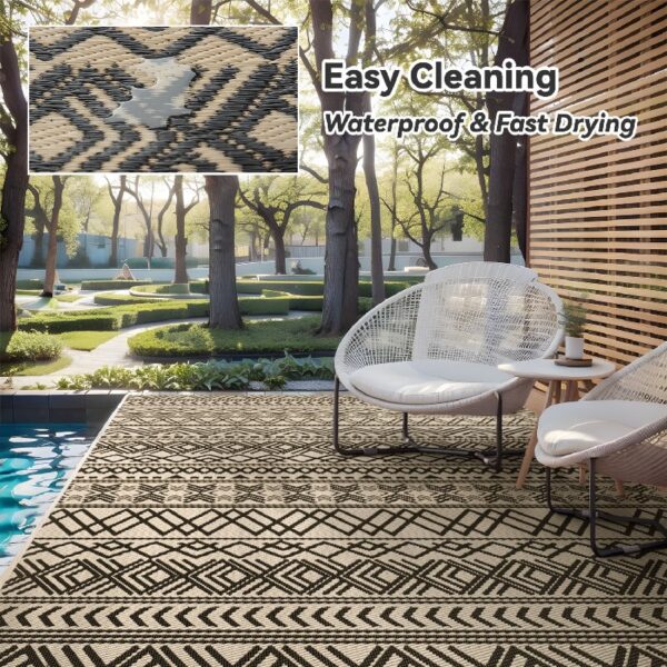 Outdoor Rug 6'x9' Waterproof Reversible Patio Rug Boho Geometric Indoor Outdoor Rugs Lightweight Plastic Straw Ourdoor Carpet for RV Camping Deck Balcony Modern Porch Decor Black and White
