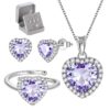 Women Heart Jewelry Set Necklace Earrings Ring 925 Sterling Silver February Birthstone Amethyst Wife Mother Birthday Valentine's Day Gift