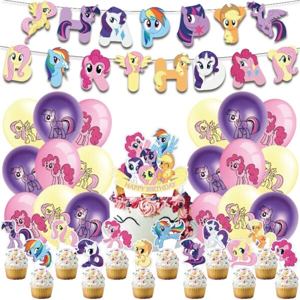 32-Pcs For My Little Pony Cartoon For Equestria Girls-Themed Party Decoration Set – Includes Banner, Cake Topper, 12 Cupcake Toppers, and 18 Balloons for Festive Celebrations