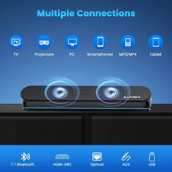 2.1ch Small Sound Bar for TV, 60W Bluetooth Soundbar with Subwoofer, 5 EQ Modes, HDMI ARC/Optical/AUX/USB, Home Theater Surround Sound System, Wall Mountable, Remote Control, 16.5 inch