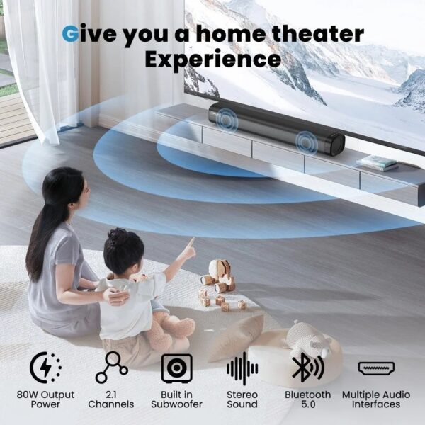 Sound Bar for TV, Soundbar with Subwoofer, Wired & Wireless Bluetooth 5.0 3D Surround Speakers, Optical/AUX/RCA/USB Connection, Wall Mountable, Remote Control