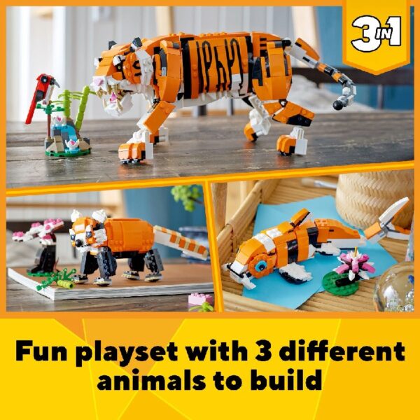 Creator 3 in 1 Majestic Tiger Building Set, Transforms from Tiger to Panda or Koi Fish Set, Animal Figures, Collectible Building Toy, Gifts for Kids, Boys & Girls 9 Plus Years Old, 31129