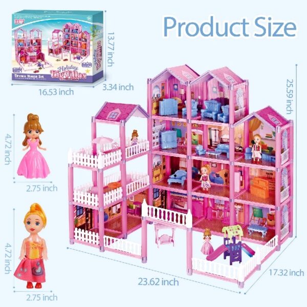 DollHouse with Colorful Light, Pretend Play Toddler Doll House Furniture Sets with 3 Dolls, 9 Rooms DIY , Creative Gift for Girls